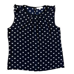 LOFT Navy Blue Women's Flutter Cap Sleeveless Blouse w/ White Heart Pattern, L